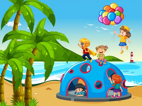 Strandspielplatz Mit Glücklichen Kindern Illustration — Stockvektor