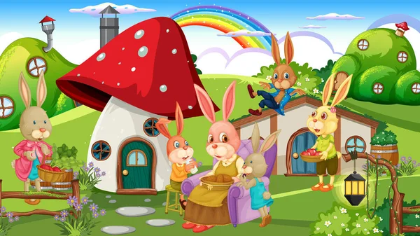 兔子家族在幻想森林中的例证 — 图库矢量图片