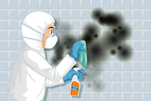 Man Protective Hazmat Suit Cleaning Mold Wall Illustration — Stock Vector