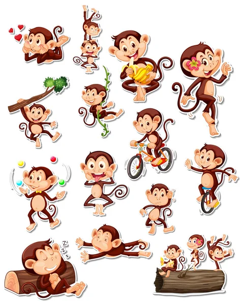 Sticker Set Funny Monkey Cartoon Characters Illustration — Vettoriale Stock