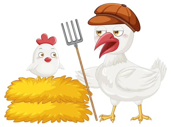 Mother Chicken Her Chick Cartoon Style Illustration — Vetor de Stock