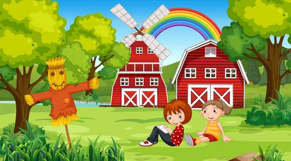 Farm Scene Kids Sitting Garden Illustration — Stock Vector