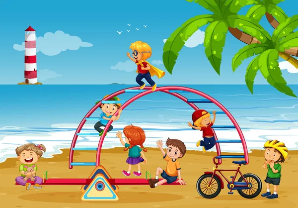 Playground Praia Com Crianças Felizes Ilustração — Vetor de Stock