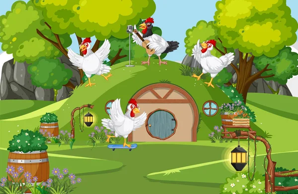 Hobbit House Chicken Family Illustration — Stock Vector