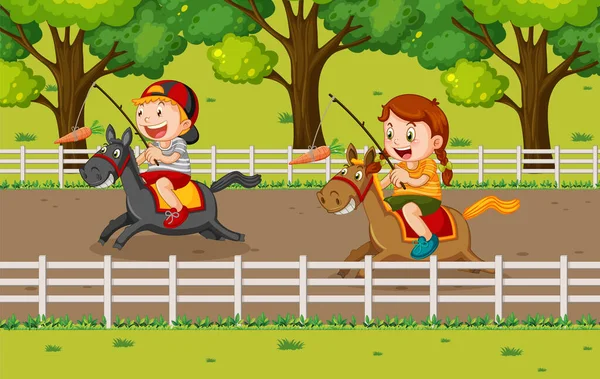 Enfants Heureux Équitation Chevaux Illustration — Image vectorielle