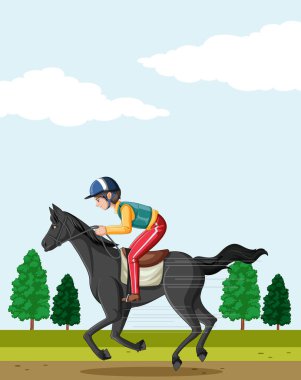 Outdoor background with a man riding horse  illustration
