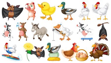 Beyaz arkaplandaki birçok çiftlik hayvanı