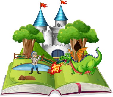 Şövalye ve ejderha dövüşü resimli bir kitap.