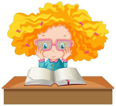 Beyaz arka plan illüstrasyon üzerine bir kitap okuma bir kız