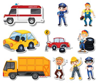Sticker set of professions characters and objects illustration