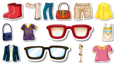Etiket seti kıyafet ve aksesuar çizimi