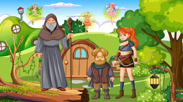 Fantasy Personaggi Dei Cartoni Animati Popolari Nella Foresta Illustrazione — Vettoriale Stock