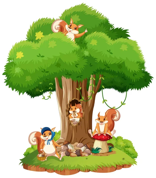 Scena Wiewiórkami Ilustracji Drzewa — Wektor stockowy