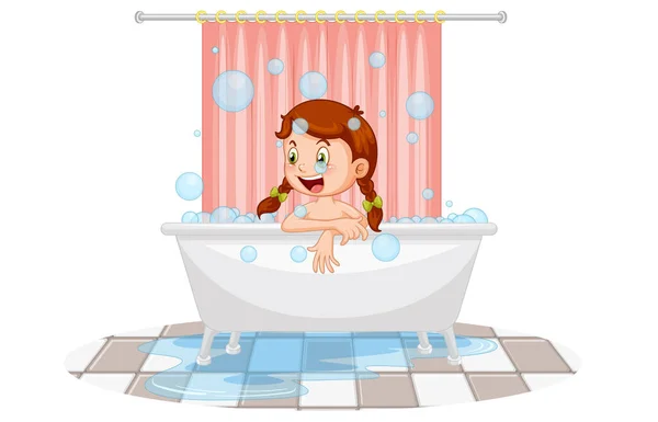 Chica Feliz Tomando Baño Ilustración — Vector de stock