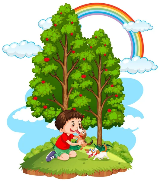 Boy Playing His Dogs Illustration — Stock Vector