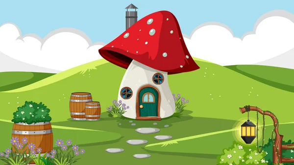 Fantasie Tuin Met Hobbit Paddestoel Huis Illustratie — Stockvector