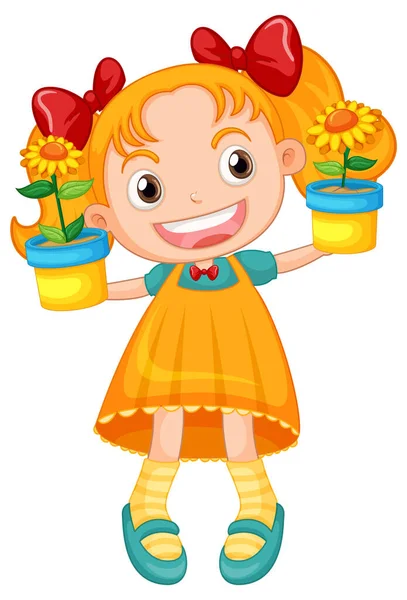 Little Cute Girl Holding Flower Pot Illustration — 스톡 벡터