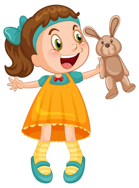 Little Cute Girl Holding Rabbit Doll Illustration —  Vetores de Stock