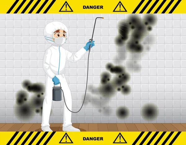 Homme Combinaison Protection Hazmat Moule Nettoyage Sur Illustration Murale — Image vectorielle