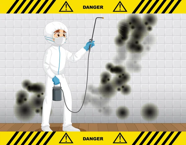 Man Protective Hazmat Suit Cleaning Mold Wall Illustration — Stock Vector