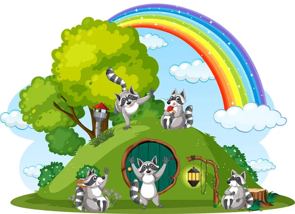 Raccoon Hobbit House White Background Illustration — Stock Vector
