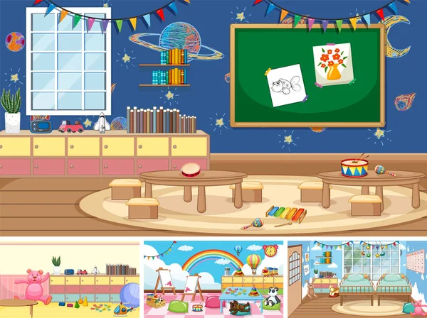 Set Different Kindergarten Classroom Scenes Illustration — Archivo Imágenes Vectoriales