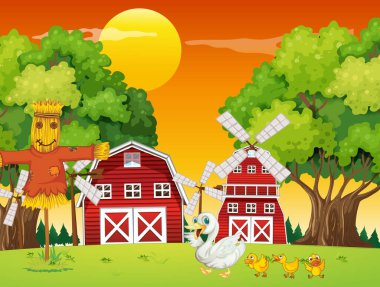 Animals in farm landscape illustration