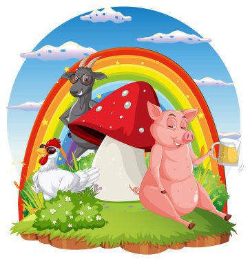 Cute animal cartoon character in ourdoor scene isolated island illustration