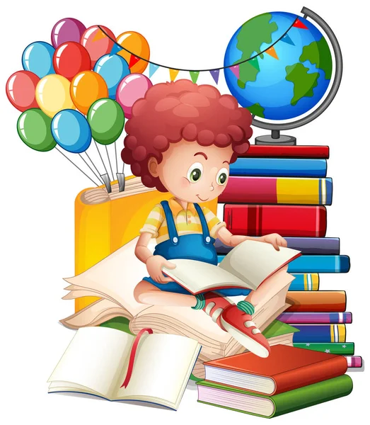 Niño Leyendo Libros Una Pila Libros Ilustración — Vector de stock