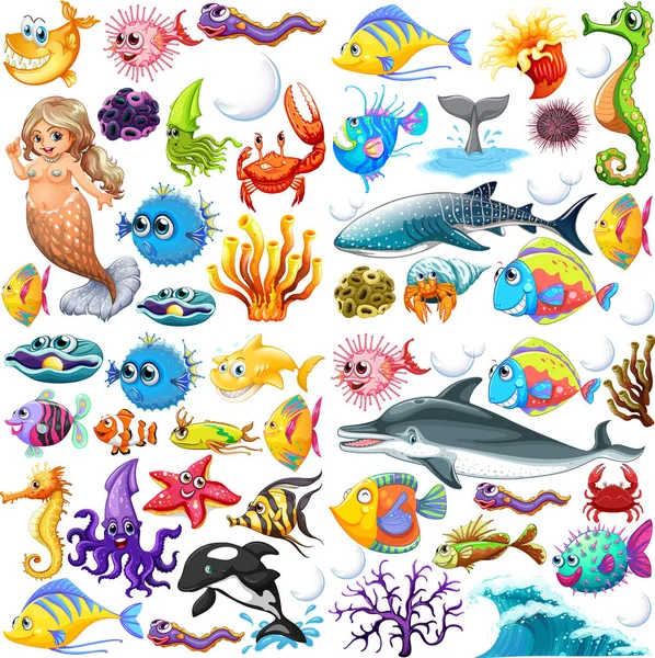 Different Types Sea Animals Illustration — Stock Vector