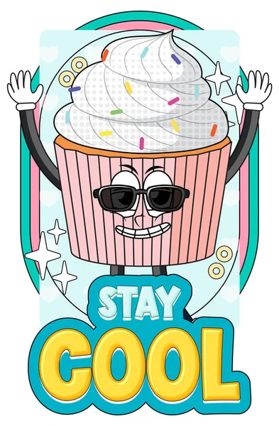 Cupcake Cartoon Character Stay Cool Badge Illustration — Archivo Imágenes Vectoriales