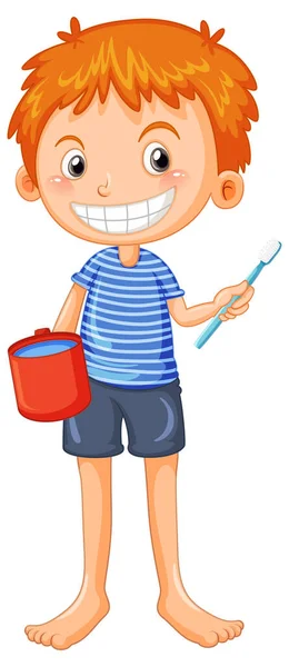 Boy Smiling Brushing Teeth Holding Cup Toothbrush Illustration — ストックベクタ