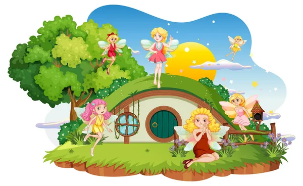 Fairies Hobbit House White Background Illustration — Stock Vector