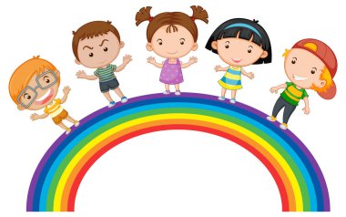 Set of happy children standing on rainbow illustration