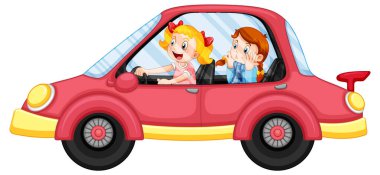 Kids in a red car in cartoon style illustration