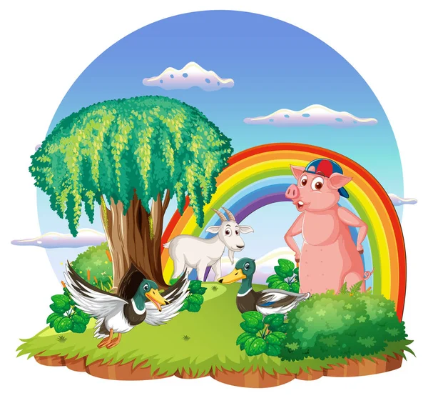 Cute Animal Cartoon Character Ourdoor Scene Isolated Island Illustration — стоковый вектор