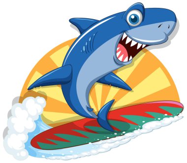 Shark on surfboard cartoon character illustration