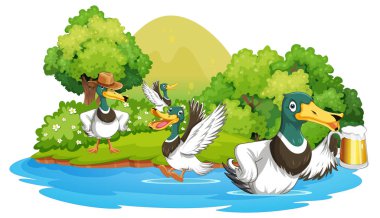 Happy duck group in nature scene illustration