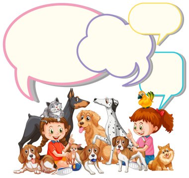 Kızlar ve evcil hayvan örnekleriyle konuşma balonu şablonu
