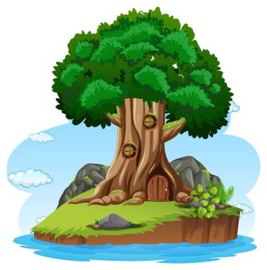 Büyük ağaç izole çizgi film çizimi