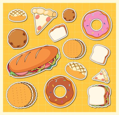 Mixed food cartoon sticker on grid background illustration