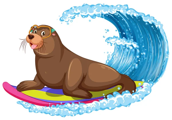 Sea Lion Surfing Surfboard Illustration — Vetor de Stock