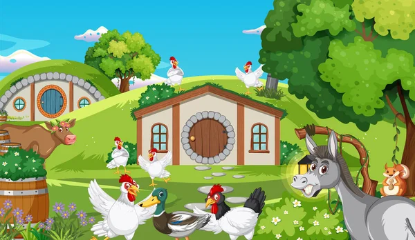 Fantasie Cartoon Scene Met Boerderij Dieren Illustratie — Stockvector