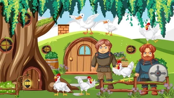 Hobbit Cartoon Scene Animals Illustration — Vector de stock