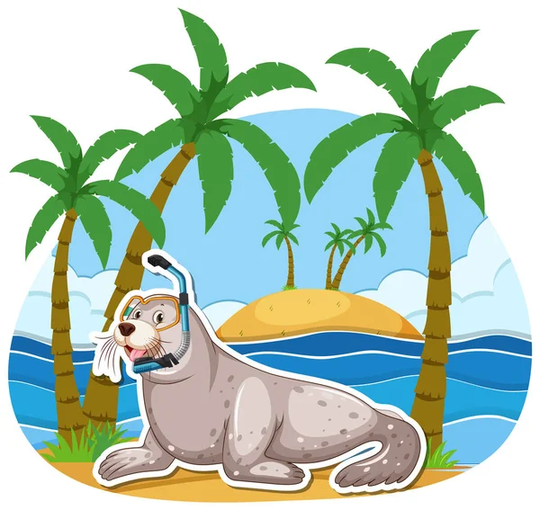 Cute Seal Wearing Snorkel Goggles Beach Illustration — Vector de stock