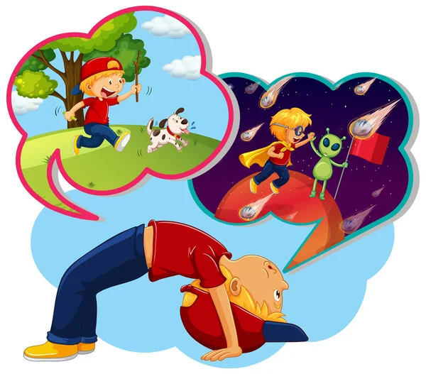 Boy Thinking Playing Flying Space Illustration — Stockvector