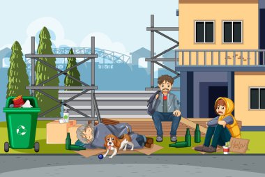 Evsiz insanların resimli olduğu açık hava sahnesi