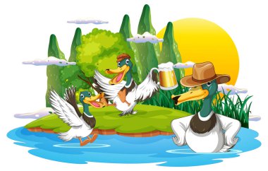 Happy duck group in nature scene illustration
