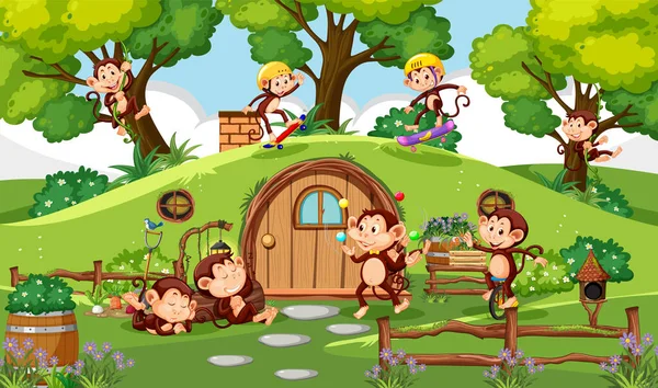 Happy Monkey Family Forest Illustration — Stock Vector