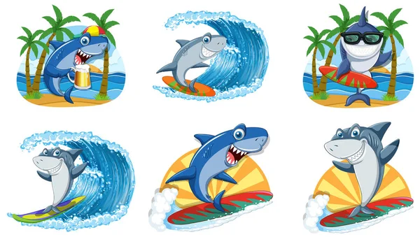 Different Sharks Summer Beach Illustration — Vetor de Stock